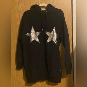 Good American Black Hoodie Metallic Silver Star & Stripe Graphic Sweatshirt